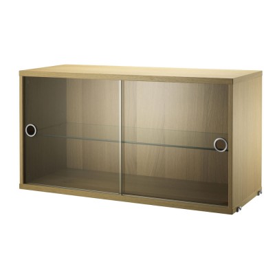 Oak display cabinet with sliding glass doors - String system