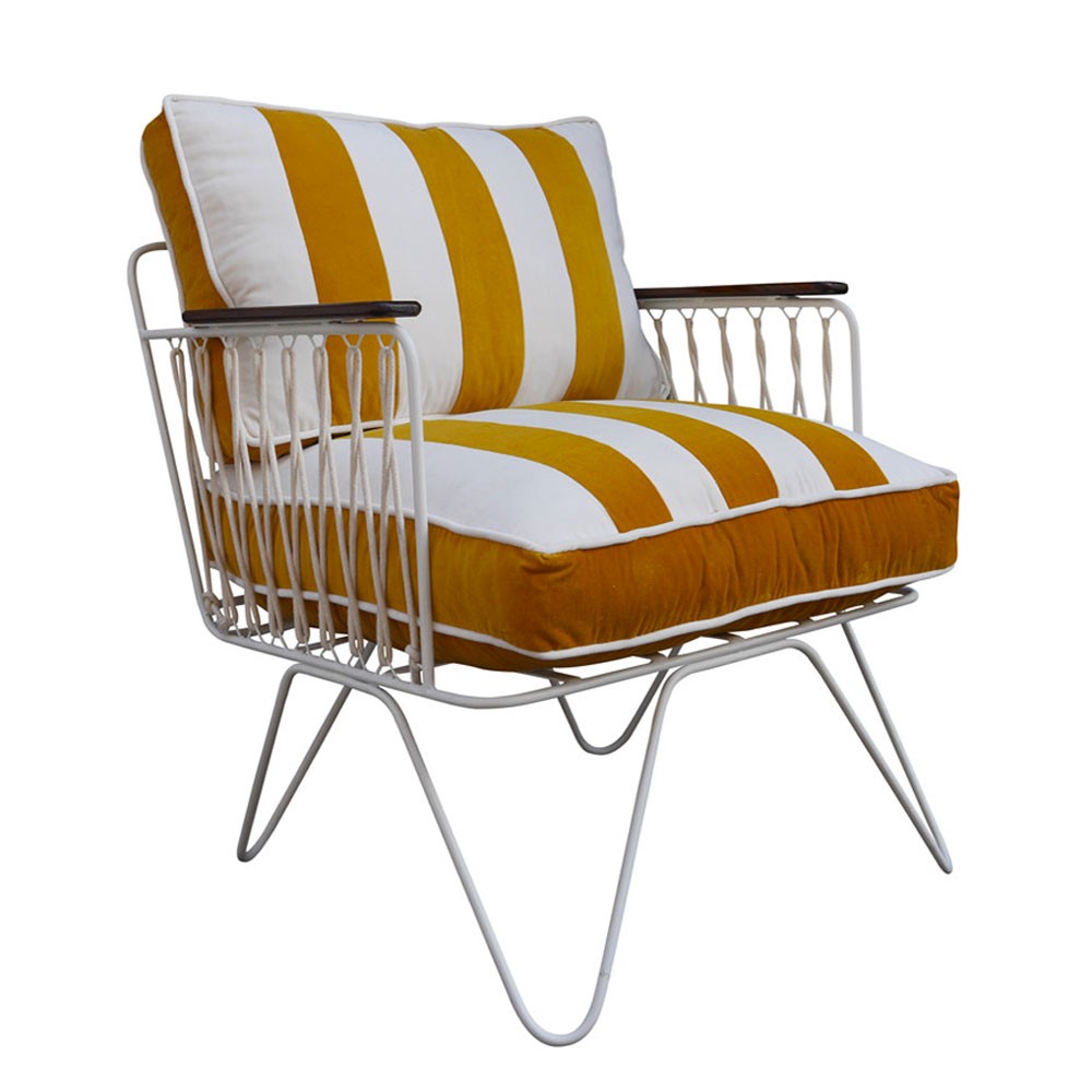 Croisette armchair in yellow & ecru striped velvet Honoré