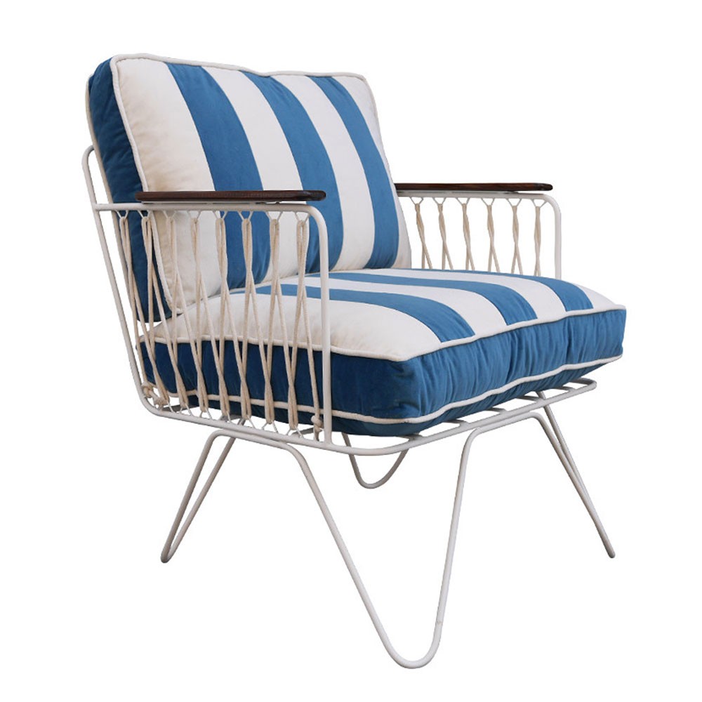 Croisette armchair in petrol blue striped velvet Honoré