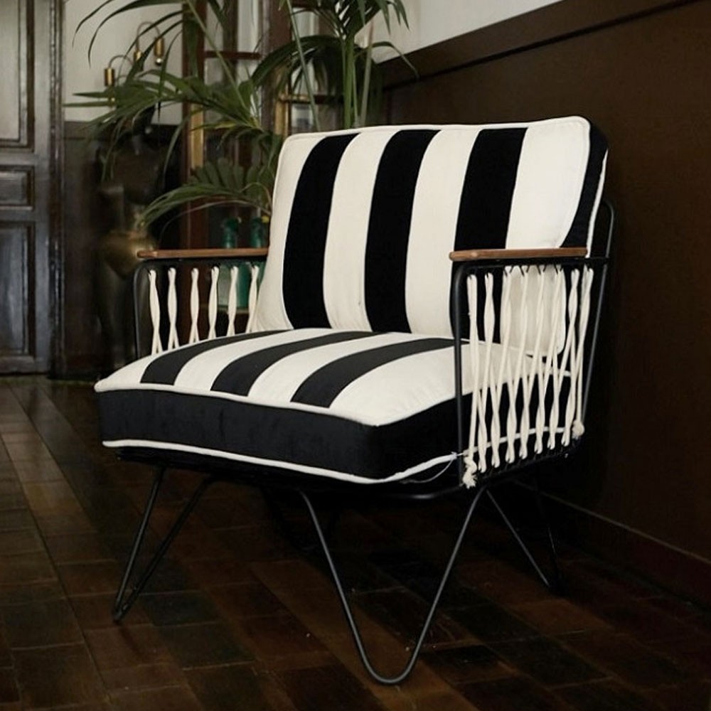 Croisette armchair in black & white striped velvet Honoré