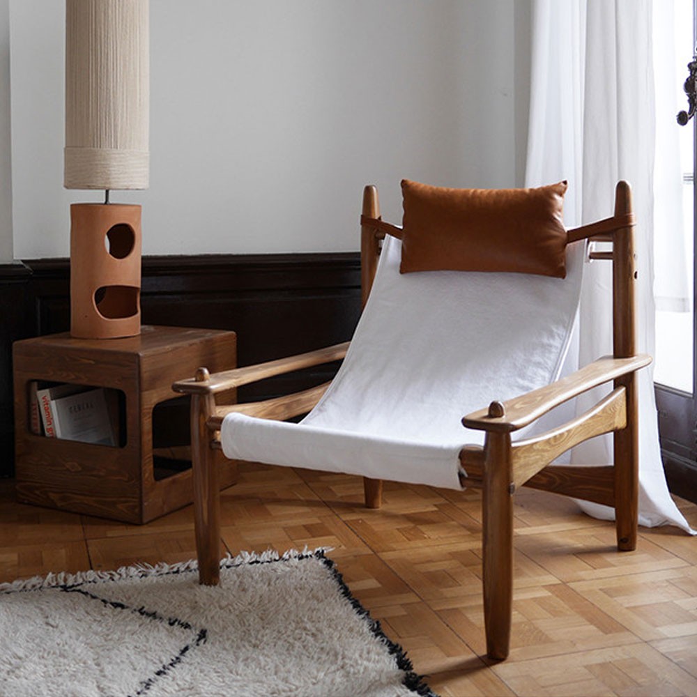 Carlo fauteuil van geweven katoen en licht gebeitst hout Honoré
