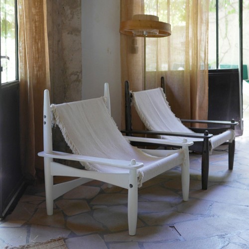 Carlo armchair woven cotton & dark stained wood Honoré