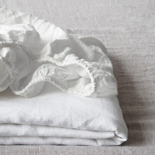 White fitted washed linen bed sheet Linen Tales