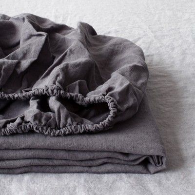 Dark grey fitted washed linen bed sheet