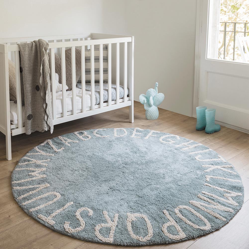 Washable rug ABC blue & natural round Lorena Canals
