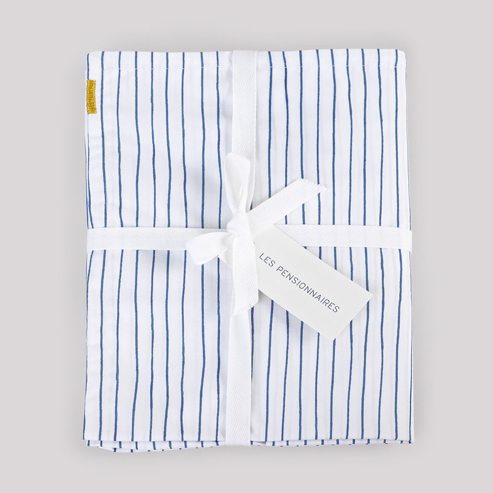 Fitted sheet in cotton percale with blue stripes Les Pensionnaires