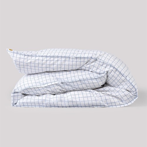 Duvet cover in blue check cotton percale Les Pensionnaires