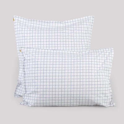 Pillowcase in blue check cotton percale Les Pensionnaires