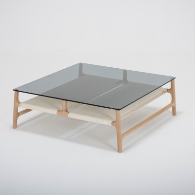 Tavolino quadrato Rovere fulvo e vetro temperato grigio
