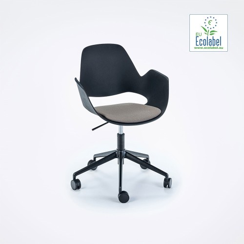 Chaise Falk rembourrée beige avec accoudoirs et piètement pivotant 5 branches à roulettes noir Houe