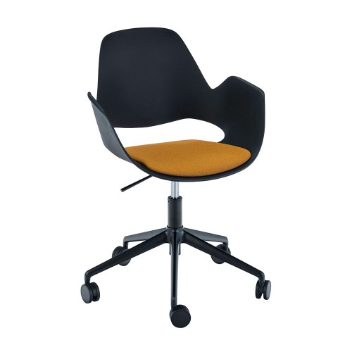 Mustard upholstered Falk chair with black armrests and 5-star swivel base with castors Houe