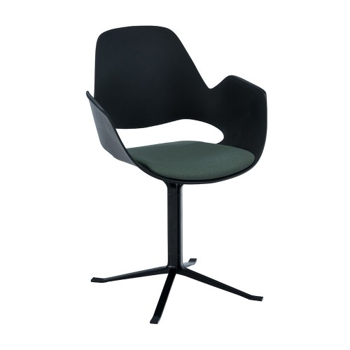 Silla Falk tapizada en verde con reposabrazos negros y base de columna Houe