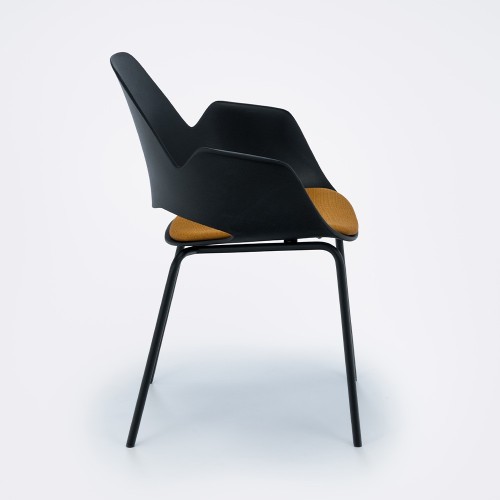 Mustard upholstered Falk chair with armrests and metal tube base Houe