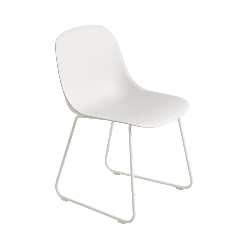Fiber composite chair in wood and white plastic & steel sled base Muuto