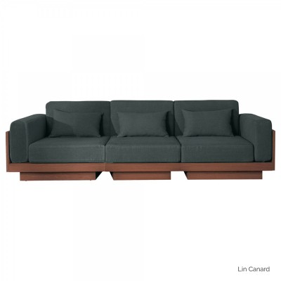 Sofa Georges Le Confortable 3 seater walnut finish - Linen canard Gabrielle Paris