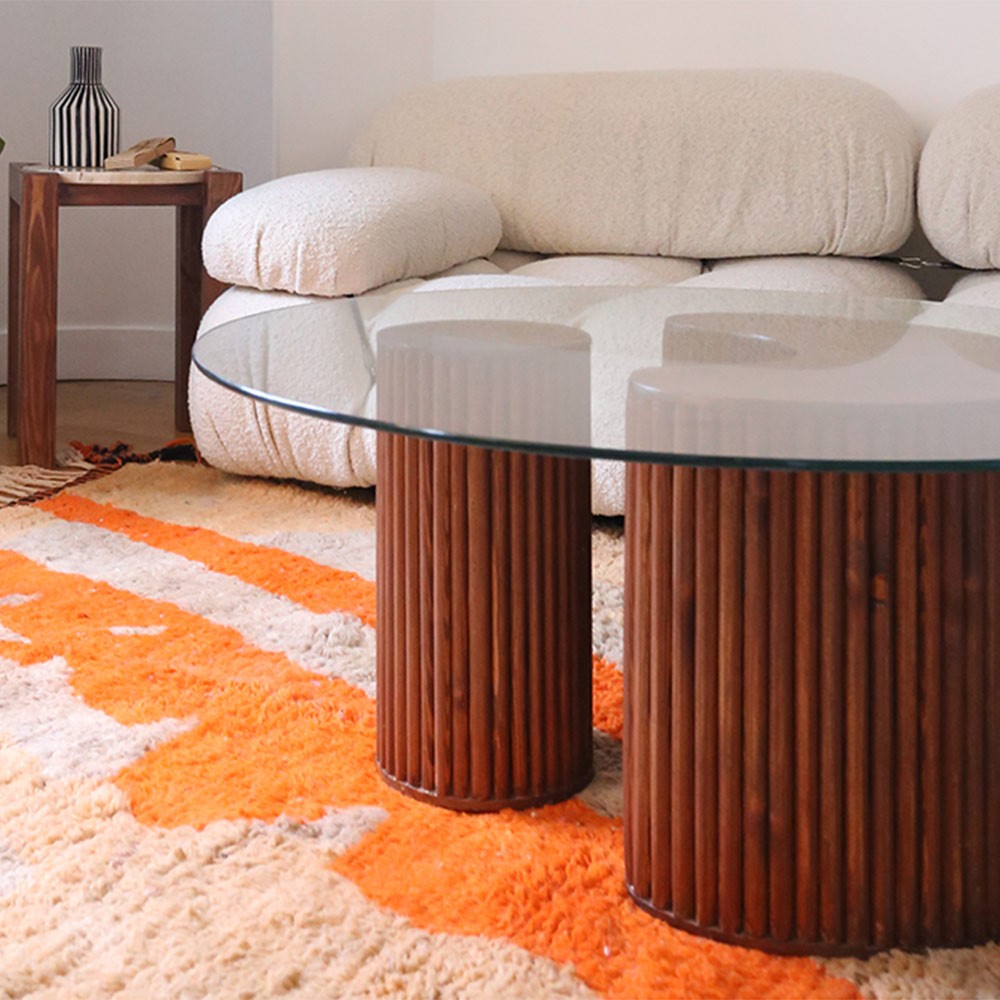 Wooden coffee table with 90 cm glass top