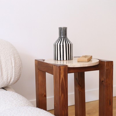 Travertine and wood sofa end Them