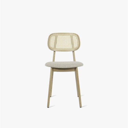 Silla Titus roble natural barniz asiento tapizado blanco lima rizado