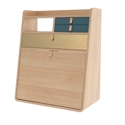 Segretario da parete Gaston 60 cm rovere - ottone spazzolato e blu petrolio Hartô