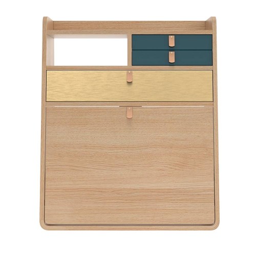 Secreter de pared Gaston 60 cm roble - latón cepillado y azul petróleo Hartô