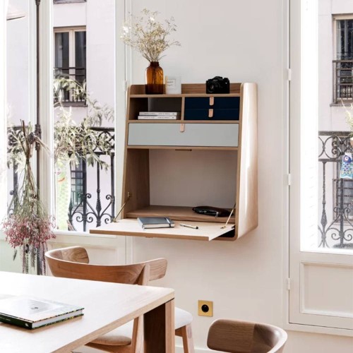 Secrétaire mural Gaston 60 cm chêne - laiton brossé & bleu pétrole Hartô