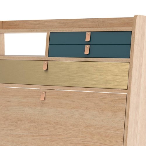 Wall writing desk Gaston 80 cm oak - brass & blue petrol Hartô