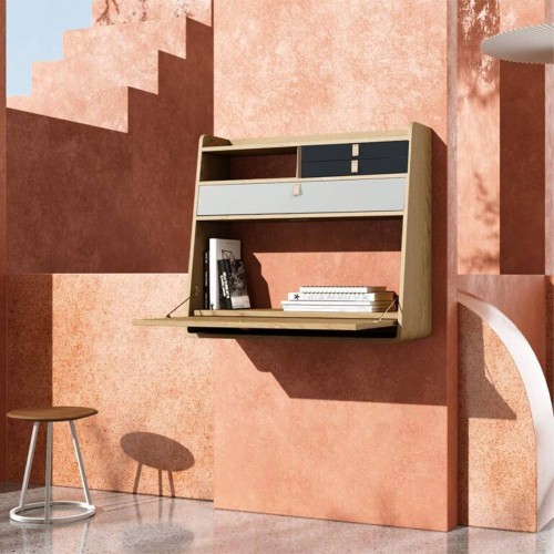 Wall writing desk Gaston 80 cm oak - brass & blue petrol Hartô