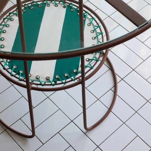 Palmer table brown iron green/white stripes