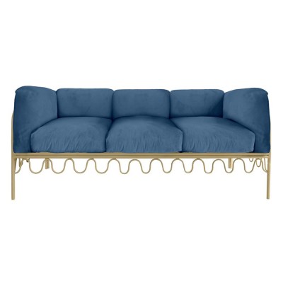 Dolores Sofa in Seladonblauem Velours, Gestell aus ungebleichtem Eisen Honoré