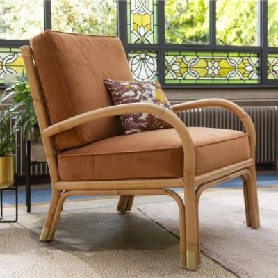 Rattan and velvet armchair RIVIERA - ochre 2