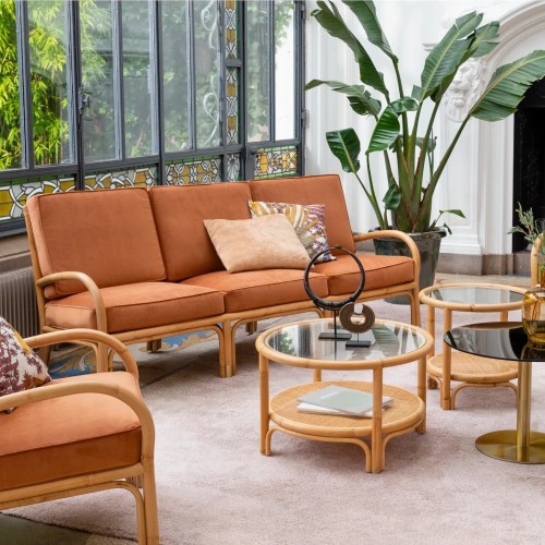 Rattan- und Samtsofa 3-Sitzer RIVIERA