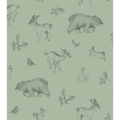 Papier peint animaux de la forêt vert sauge - NATURAL Lilipinso