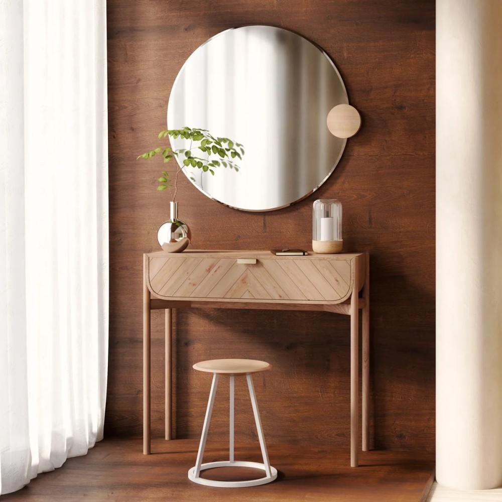 Miroir Sonia Rond 90cm, verre naturel, chêne