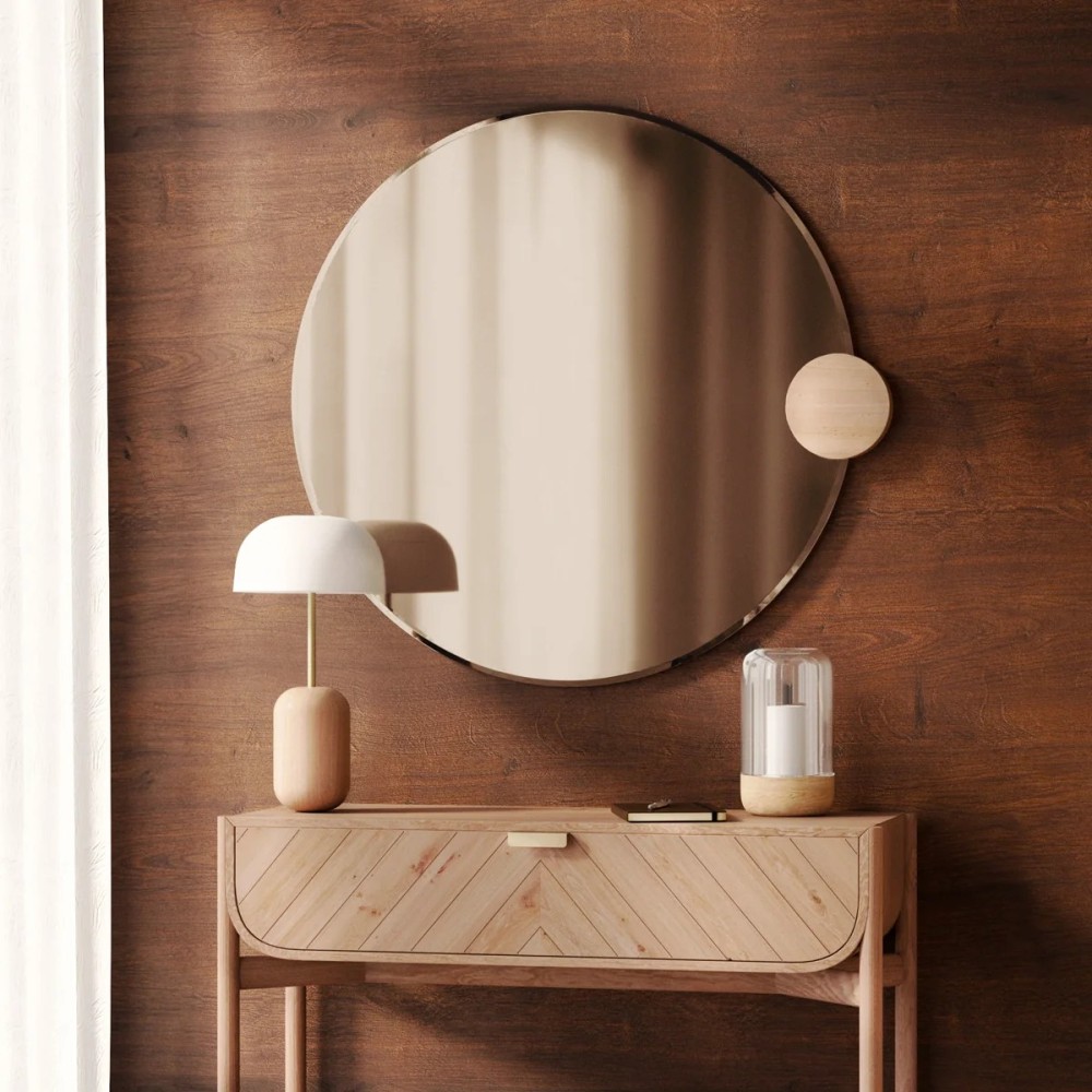 Miroir Sonia Rond 90cm, verre naturel, chêne