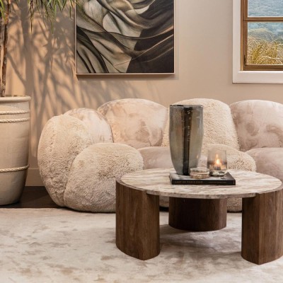 Table basse Javina en marbre naturel avec piètement en bois de manguier L 2