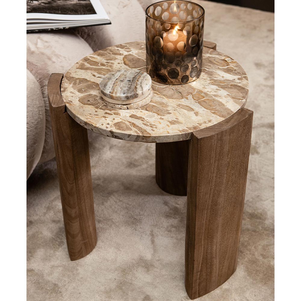 Table basse Javina en marbre naturel avec piètement en bois de manguier S