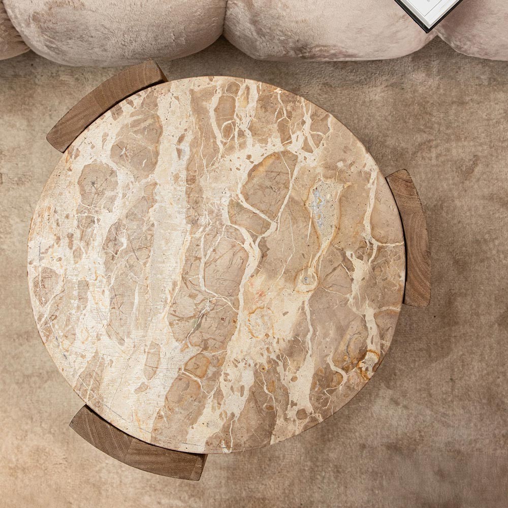 Table basse Javina en marbre naturel avec piètement en bois de manguier S