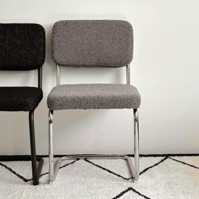 Capsule Chair with Chrome Legs in Grey Bouclé Fabric W57 D49 H86 cm 2