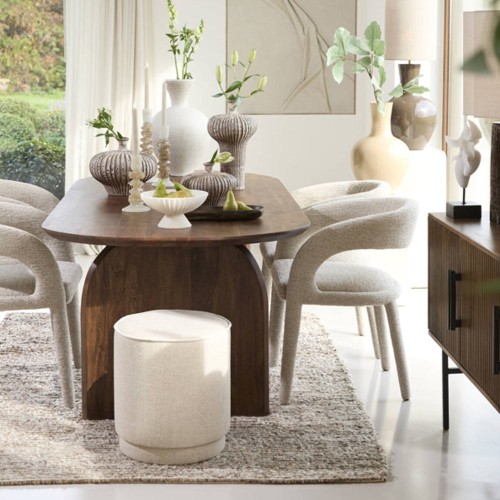 Round Rosin Pouf in Beige and Cream Fabric