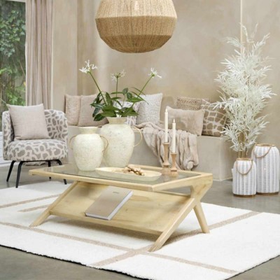 Yuki coffee table in natural mangroke and glass