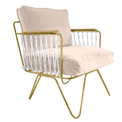 Croisette-fauteuil van ecru fluweel met goudkleurig frame