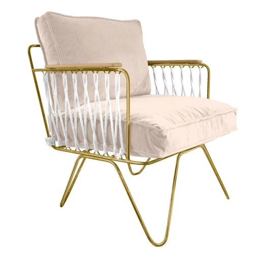 Croisette-fauteuil van ecru fluweel met goudkleurig frame