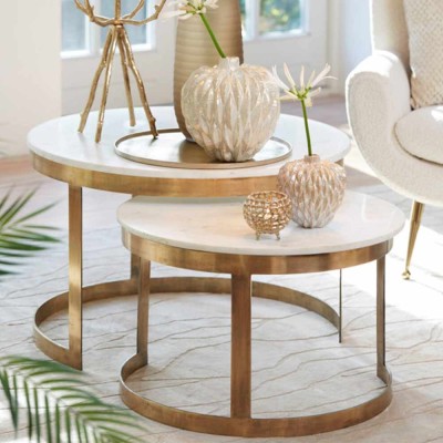 Table de salon PERLATO - marbre blanc et bronze (lot de 2)