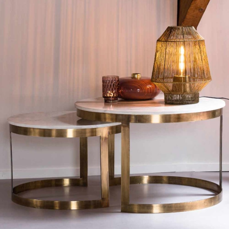 Tabla de salón Perlato - mármol blanco y bronce (conjunto de 2)