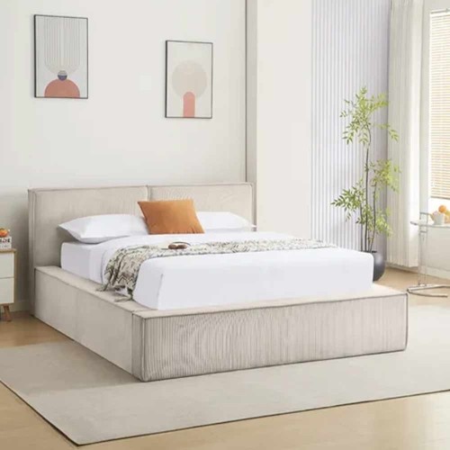 Lit coffre 140 x 190 cm beige en velours côtelé – avec sommier relevable