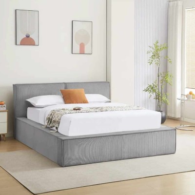 Lit coffre 140 x 190 cm gris en velours côtelé – avec sommier relevable