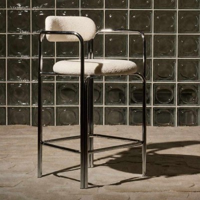 Chaise de bar CAMILLE chromée – Bouclette crème, assise 65 ou 75 cm