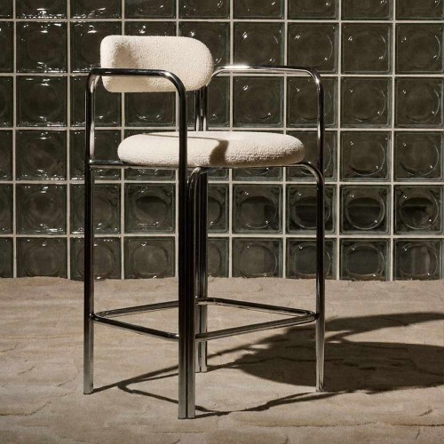 Chaise de bar CAMILLE chromée – Bouclette crème, assise 65 ou 75 cm