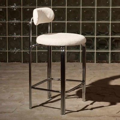 Chaise de bar SACHA chromée – Bouclette crème, assise 65 ou 75 cm