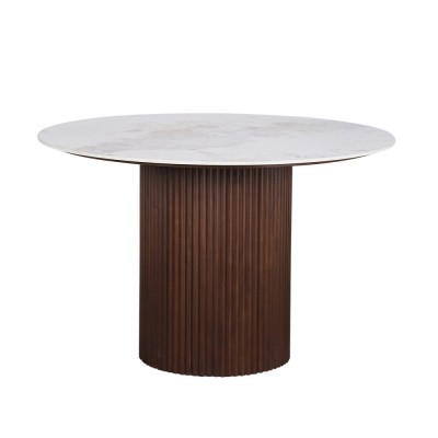 Table à manger ronde 120 cm – Onyx céramique et noyer plaqué